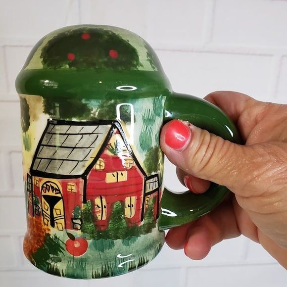 Vintage Farmhouse Green Ceramic Handled Salt and Pepper Shakers S+P Red Barn - Picture 9 of 9